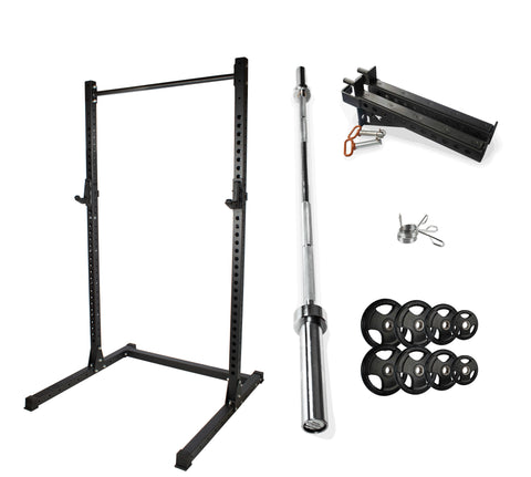 Rival J-2 Series Squat Rack with Spotter Arms, Barbell and Tri-Grip Plate Set Bundle