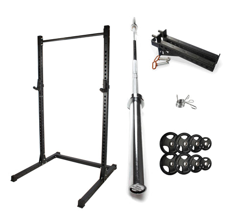 Rival J-2 Series Squat Rack with Spotter Arms, Barbell and Tri-Grip Plate Set Bundle