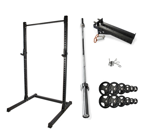 Rival J-2 Series Squat Rack with Spotter Arms, Barbell and Tri-Grip Plate Set Bundle