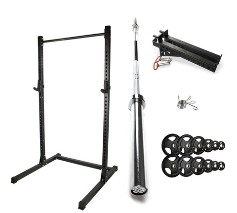 Rival J-2 Series Squat Rack with Spotter Arms, Barbell and Tri-Grip Plate Set Bundle