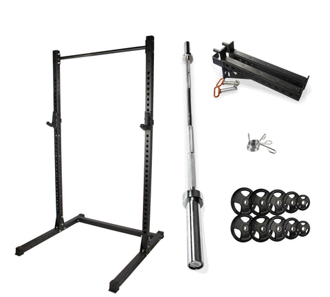 Rival J-2 Series Squat Rack with Spotter Arms, Barbell and Tri-Grip Plate Set Bundle