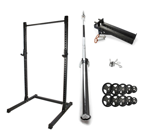 Rival J-2 Series Squat Rack with Spotter Arms, Barbell and Tri-Grip Plate Set Bundle