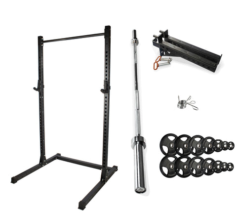 Rival J-2 Series Squat Rack with Spotter Arms, Barbell and Tri-Grip Plate Set Bundle