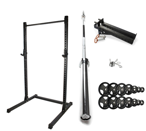 Rival J-2 Series Squat Rack with Spotter Arms, Barbell and Tri-Grip Plate Set Bundle