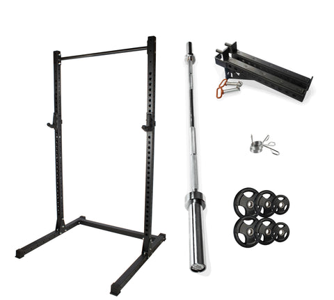 Rival J-2 Series Squat Rack with Spotter Arms, Barbell and Tri-Grip Plate Set Bundle