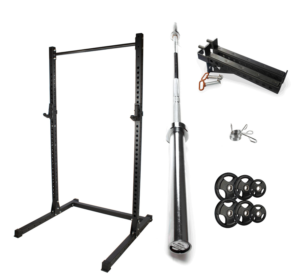 Rival J-2 Series Squat Rack with Spotter Arms, Barbell and Tri-Grip Plate Set Bundle