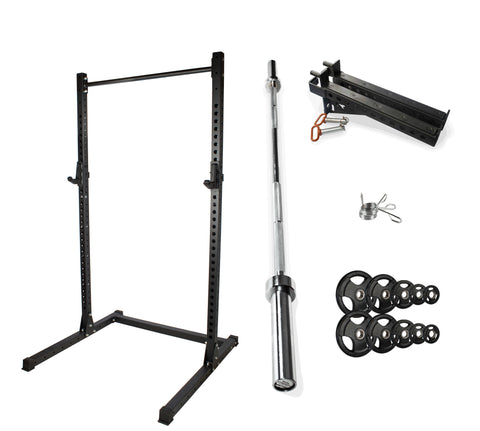 Rival J-2 Series Squat Rack with Spotter Arms, Barbell and Tri-Grip Plate Set Bundle