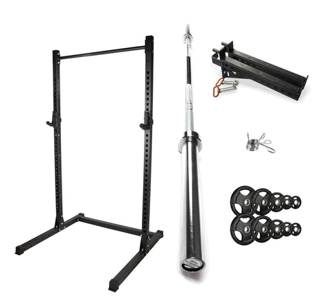 Rival J-2 Series Squat Rack with Spotter Arms, Barbell and Tri-Grip Plate Set Bundle